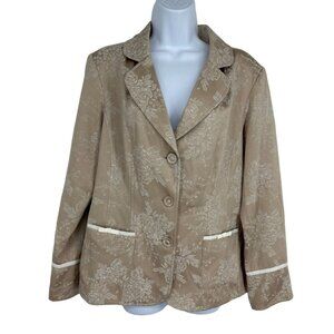 Susan Graver Style Blazer Womens Tan Cream Gold Floral Bows Size L